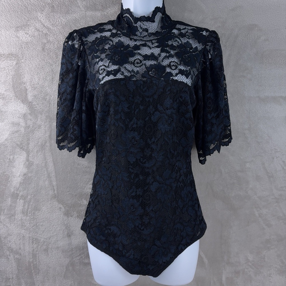 Ganni Flynn Lace Bodysuit Womens‎ Size 36 Black Sheer Floral Stretch Elegant